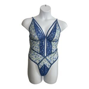 MAPALE 8594 Blue Floral Lace Teddy Bodysuit Crotchless Plus Size 2X/3X